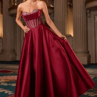 Mary Gown in Burgundy satin featuring a crystal embellished corset bodice, sweetheart neckline and full A-line skirt.