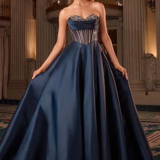 Mary Gown in Navy satin with crystal embellished corset bodice, strapless sweetheart neckline and thigh-high split.