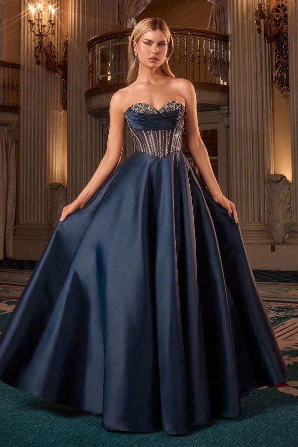 Mary Gown in Navy satin with crystal embellished corset bodice, strapless sweetheart neckline and thigh-high split.