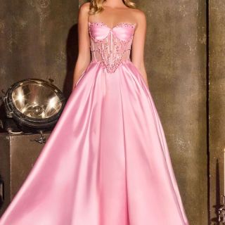 Violet Gown in pink mikado with sparkling beaded corset bodice, sweetheart neckline and full ballgown skirt.