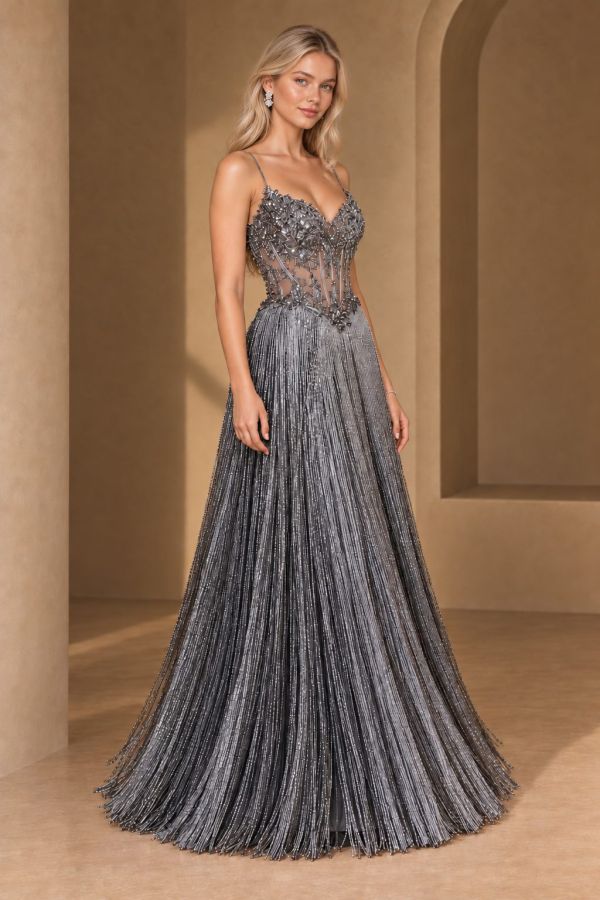 Blonde Model In Beaded Silver Gown