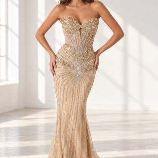 Champagne Crystal Gown In Sunlit Studio