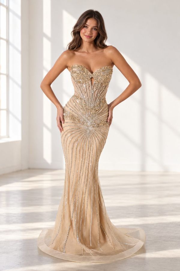 Champagne Crystal Gown In Sunlit Studio