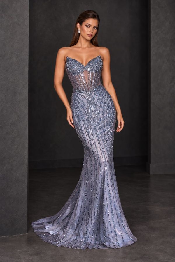 Coco Gown in Silver Blue, featuring a strapless corset bodice, lace-up back, intricate beading and a fitted skirt with a sweeping train, shown from the back.