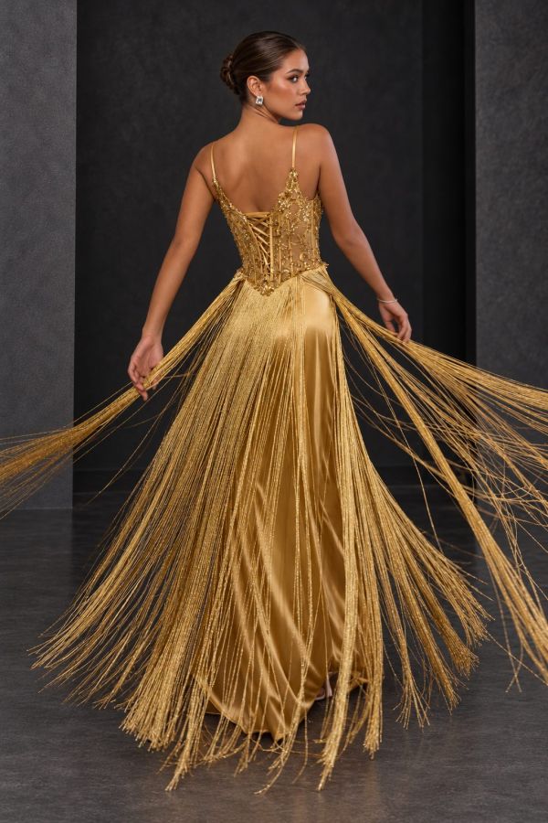 Daisy Gold Fringe Gown Back View