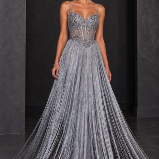 Dark Silver Fringe Gown In Studio