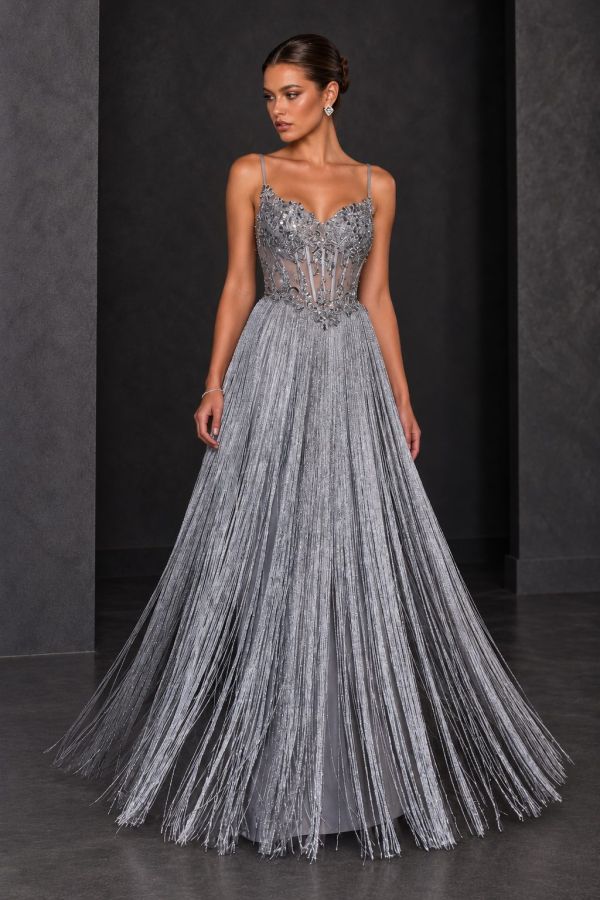 Dark Silver Fringe Gown In Studio