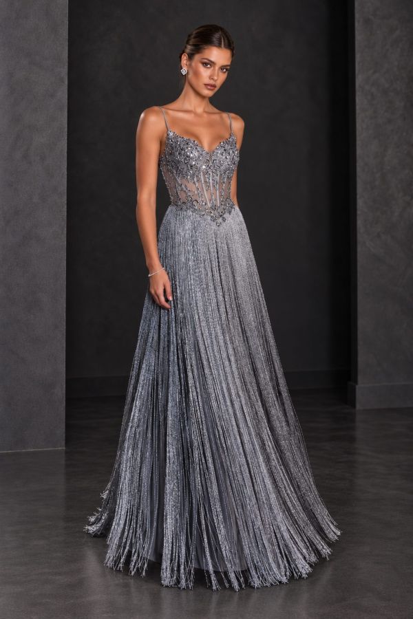 Dark Silver Fringe Gown In Studio Copy