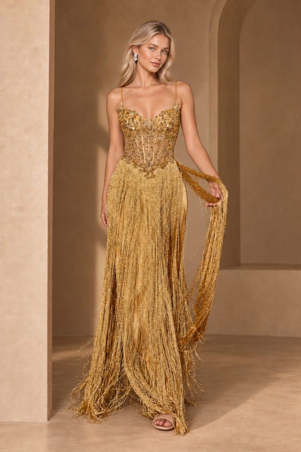 Gold Daisy Gown With Blonde Model