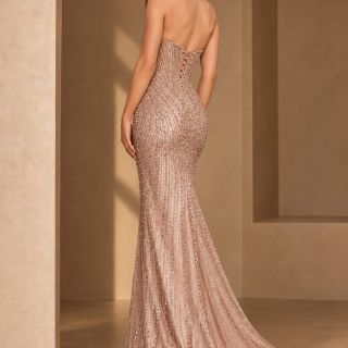 Mocha Gold Beaded Gown, Three Quarter Back View