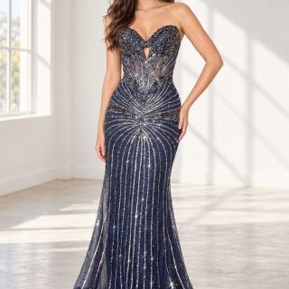 Navy Beaded Mermaid Gown