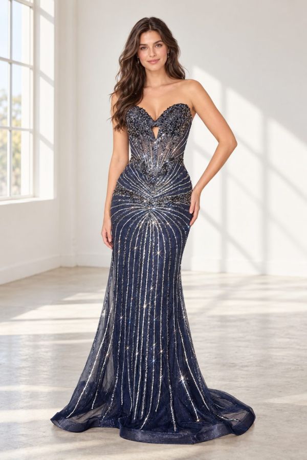 Navy Beaded Mermaid Gown