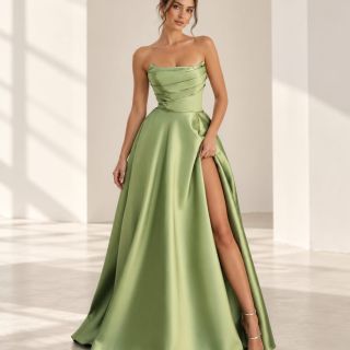 Noa Gown Pistachio Satin Gown In Minimalist Studio