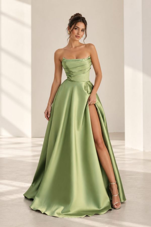 Noa Gown Pistachio Satin Gown In Minimalist Studio
