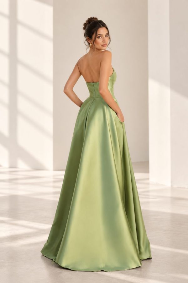 Noa Pistachio Satin Gown, Back View