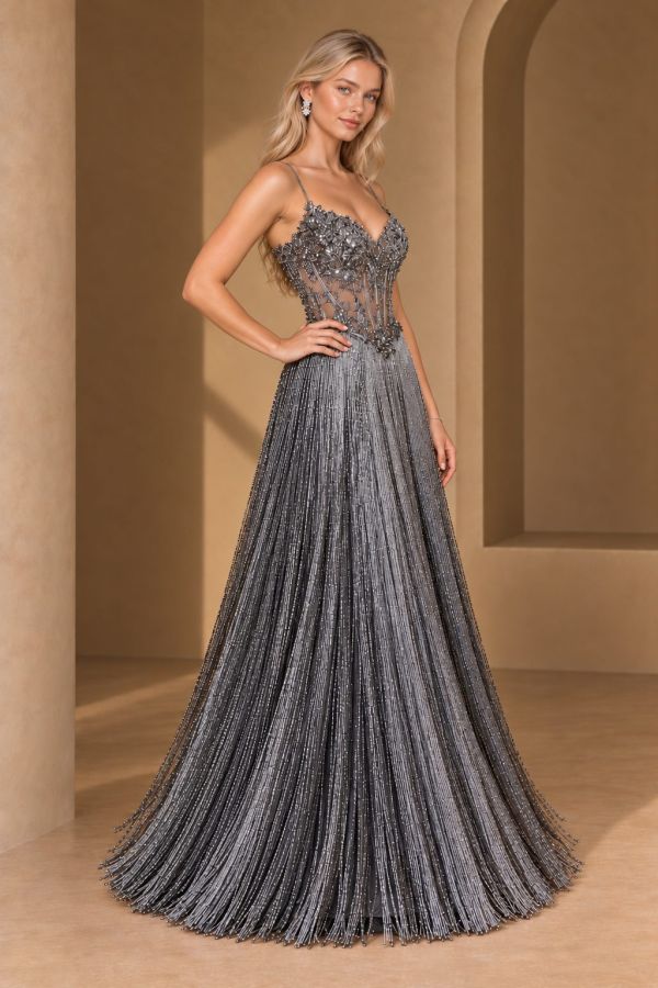 Three Quarter Front View Of Gunmetal Gown