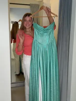 Trying our exclusive Olivia Gown in Seafoam Glitter! ✨🧚 #formal #formaldress #prom #tryon